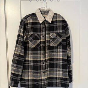 Men's Black and Gray Plaid Jacket with Sherpa Collar
